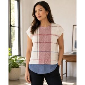 Derek Lam 10 Crosby Top 6 Mixed Media Plaid Wool Blend Cap Sleeve Blouse